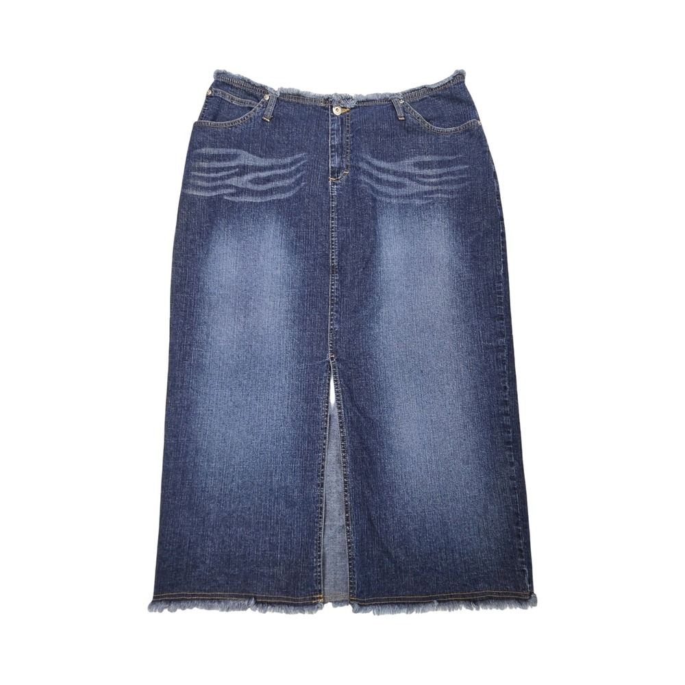 Carolina Blues 18W Denim Midi Skirt Frayed Hem Front Slit Dark Wash Vintage Y2K